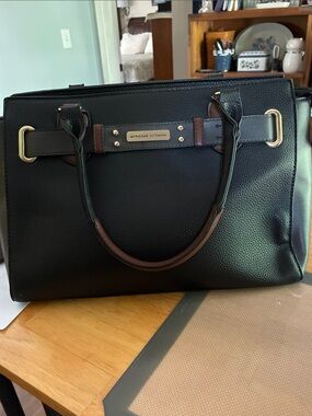 Adrienne Vittadini Black and Brown Leather Satchel with Gold Accents